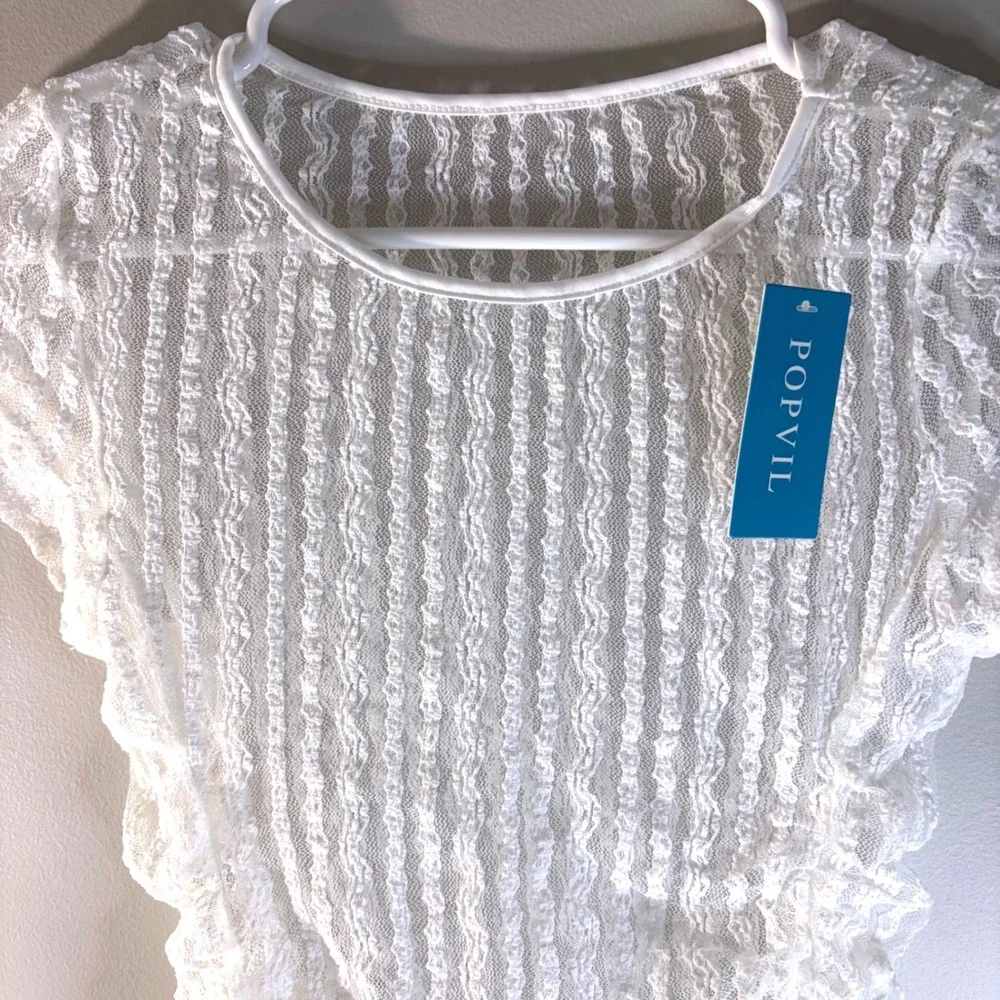 Popvil White Lace Ruched Swim Cover Up Top Short Sleeve Sheer Floral Small New